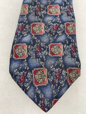 Requirements Made in USA Silk Tie Blue Red Gold Floral Rose Medallion Baroque